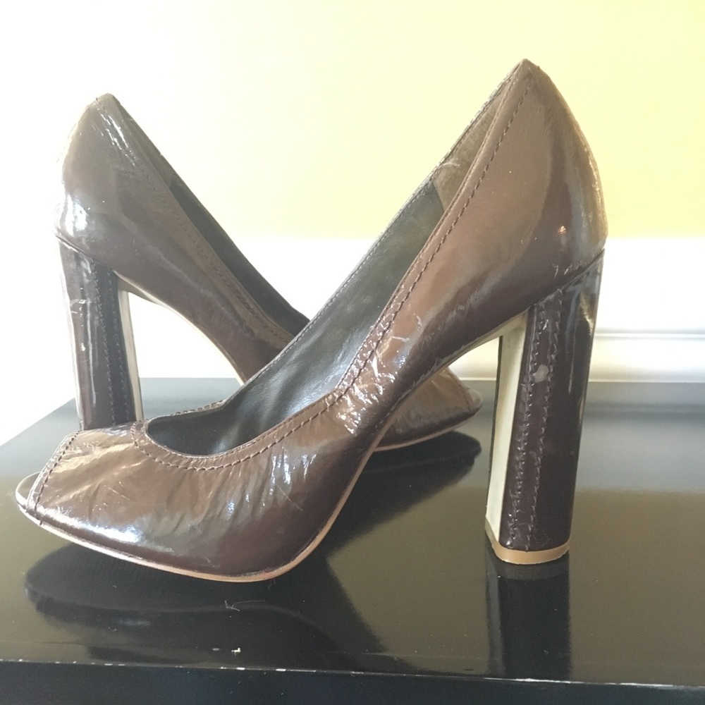 BCBG peep toe patent block heel